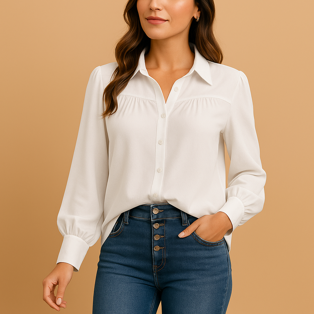Women’s elegant lantern sleeve blouse with a shirt collar and gathered details, suitable for work outfits and everyday wear.