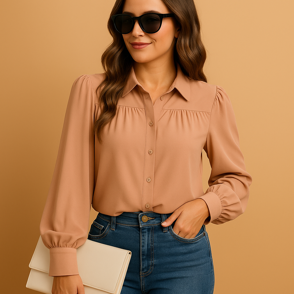 Women’s elegant lantern sleeve blouse with a shirt collar and gathered details, suitable for work outfits and everyday wear.