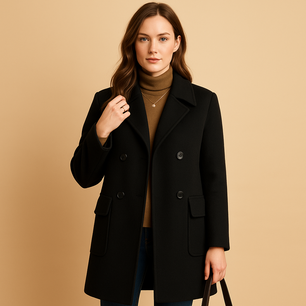 Women’s elegant long coat with a relaxed feminine silhouette and minimalist design, suitable for everyday wear and seasonal layering.