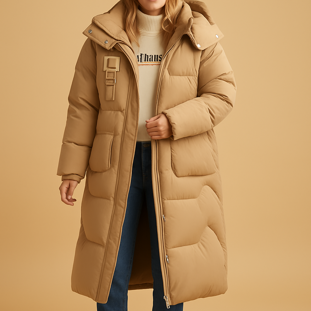 Women’s elegant long winter coat with a tailored fit, soft lining, and practical side pockets, suitable for daily wear and festive occasions.