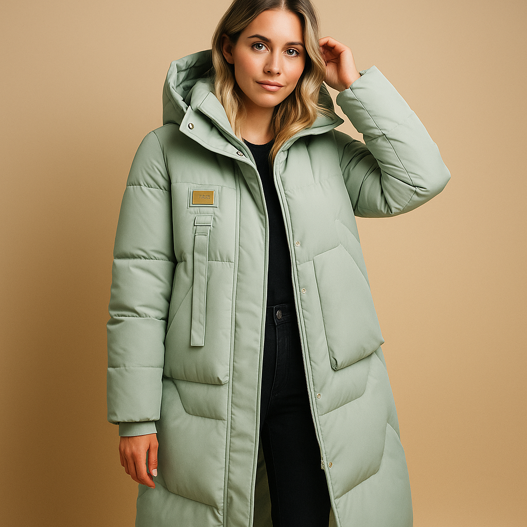 Women’s elegant long winter coat with a tailored fit, soft lining, and practical side pockets, suitable for daily wear and festive occasions.