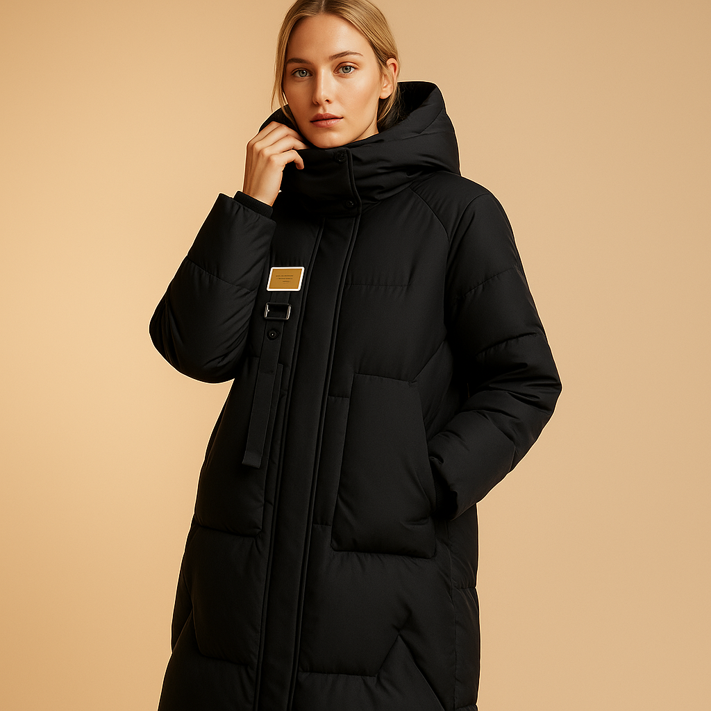 Women’s elegant long winter coat with a tailored fit, soft lining, and practical side pockets, suitable for daily wear and festive occasions.