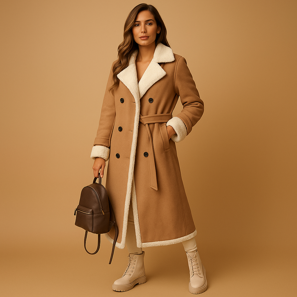 Women’s elegant long winter coat with lapel collar and long sleeves, suitable for cold days and stylish everyday or evening wear.