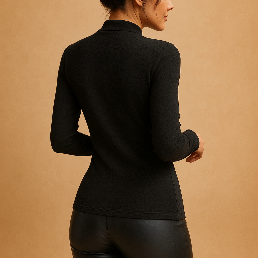 Women’s elegant black blouse with a high neckline and pleated details, ideal for business outfits and formal occasions.