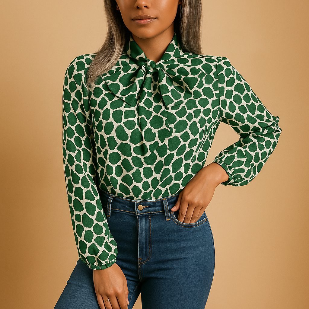 Women’s elegant green blouse with a polka dot pattern and bow detail, suitable for office outfits and casual everyday wear.