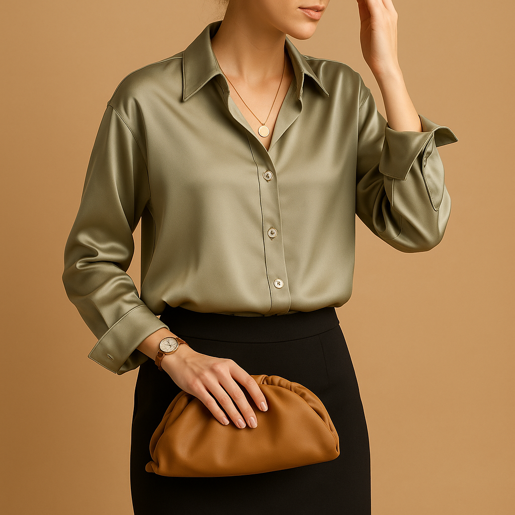Elegant satin blouse for women with a classic collar and smooth flowing fit, suitable for office wear, dinners, and formal occasions.