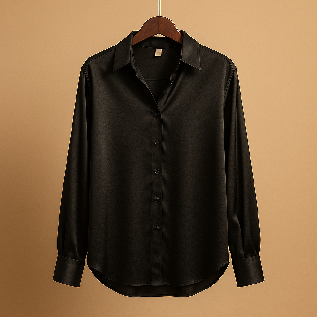 Elegant satin blouse for women with a classic collar and smooth flowing fit, suitable for office wear, dinners, and formal occasions.
