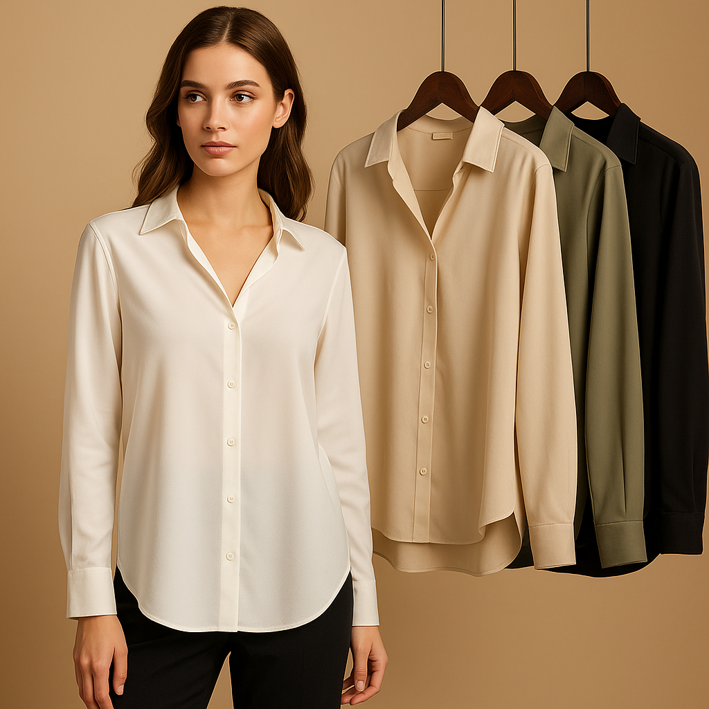 Elegant satin blouse for women with a classic collar and smooth flowing fit, suitable for office wear, dinners, and formal occasions.
