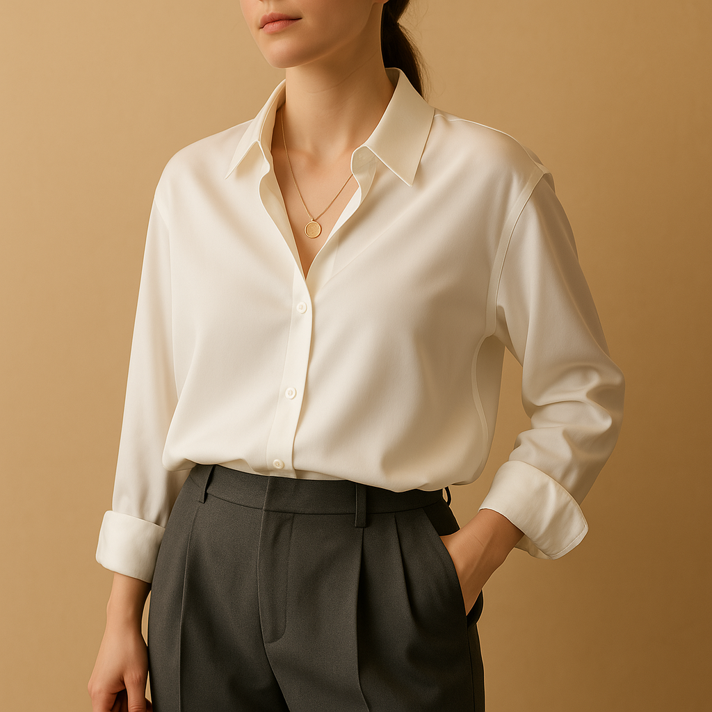 Elegant satin blouse for women with a classic collar and smooth flowing fit, suitable for office wear, dinners, and formal occasions.