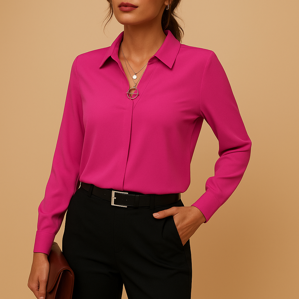 Women’s elegant solid blouse with a tailored feminine fit, classic collar, and button closure, suitable for work, daily wear, and evening occasions.