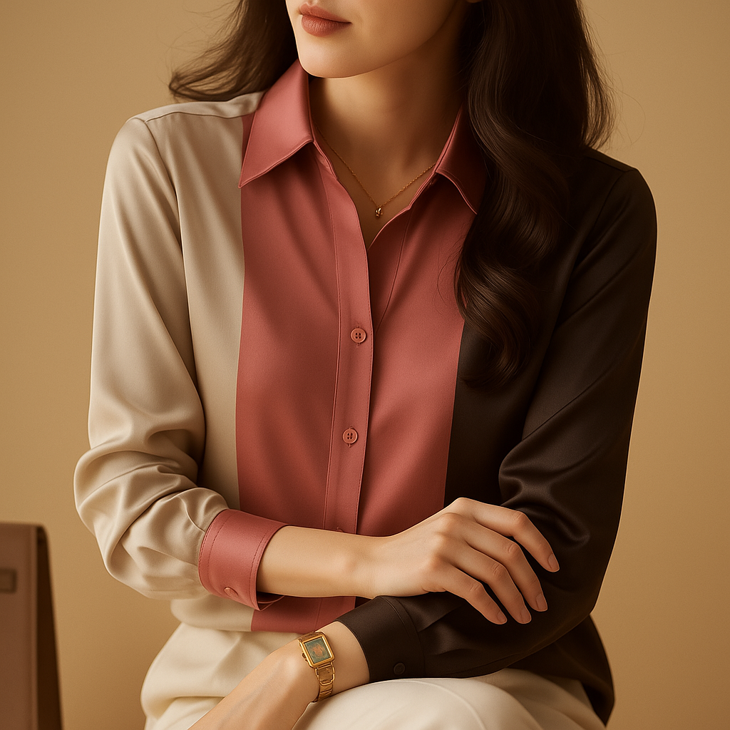 Women’s elegant striped blouse with a classic collar and long sleeves, suitable for office wear, casual outfits, and formal occasions.