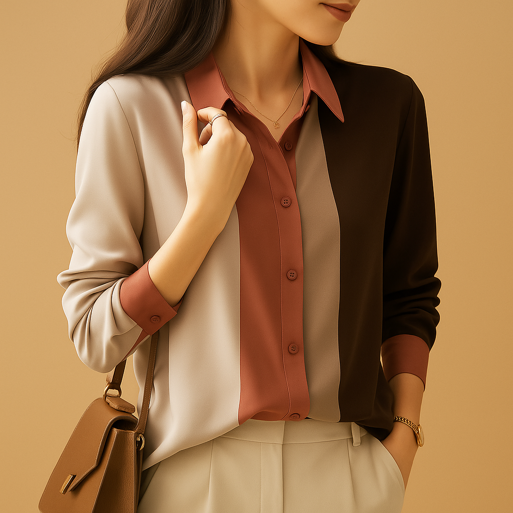Women’s elegant striped blouse with a classic collar and long sleeves, suitable for office wear, casual outfits, and formal occasions.
