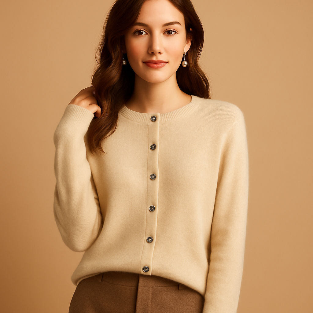 Women’s elegant V-neck cardigan with slim fit and button closure, perfect for office layering or casual winter outfits.