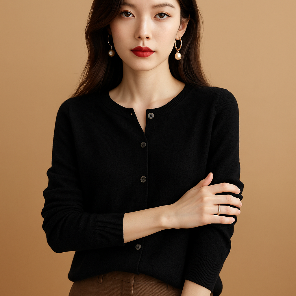 Women’s elegant V-neck cardigan with slim fit and button closure, perfect for office layering or casual winter outfits.