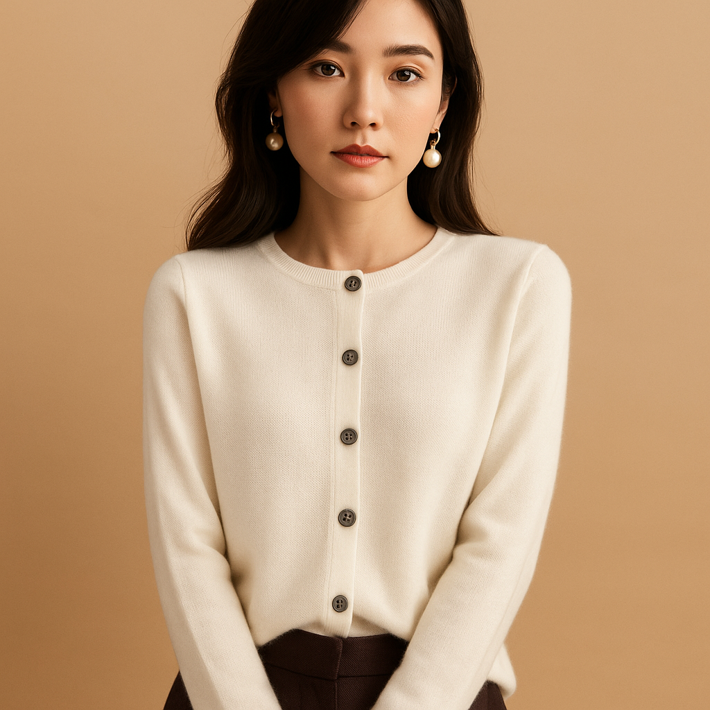 Women’s elegant V-neck cardigan with slim fit and button closure, perfect for office layering or casual winter outfits.