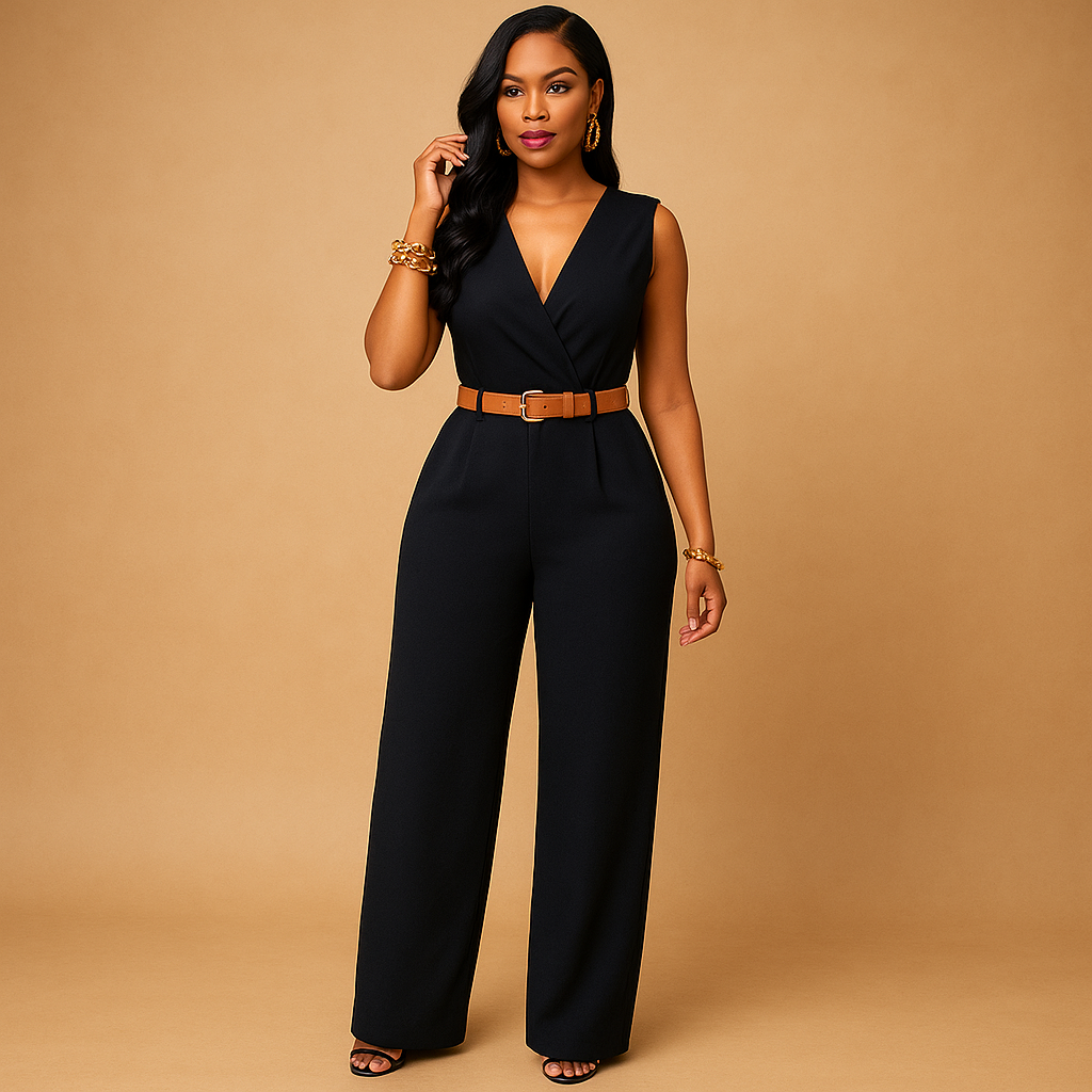 Deep V-neck elegant jumpsuit for women with high waist and flowing fabric, perfect for parties, evenings out, and special occasions.