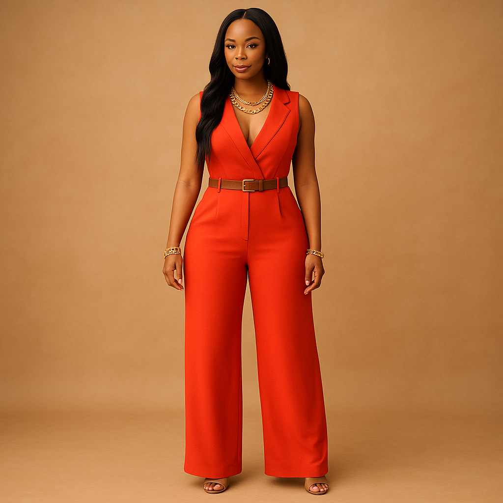 Deep V-neck elegant jumpsuit for women with high waist and flowing fabric, perfect for parties, evenings out, and special occasions.