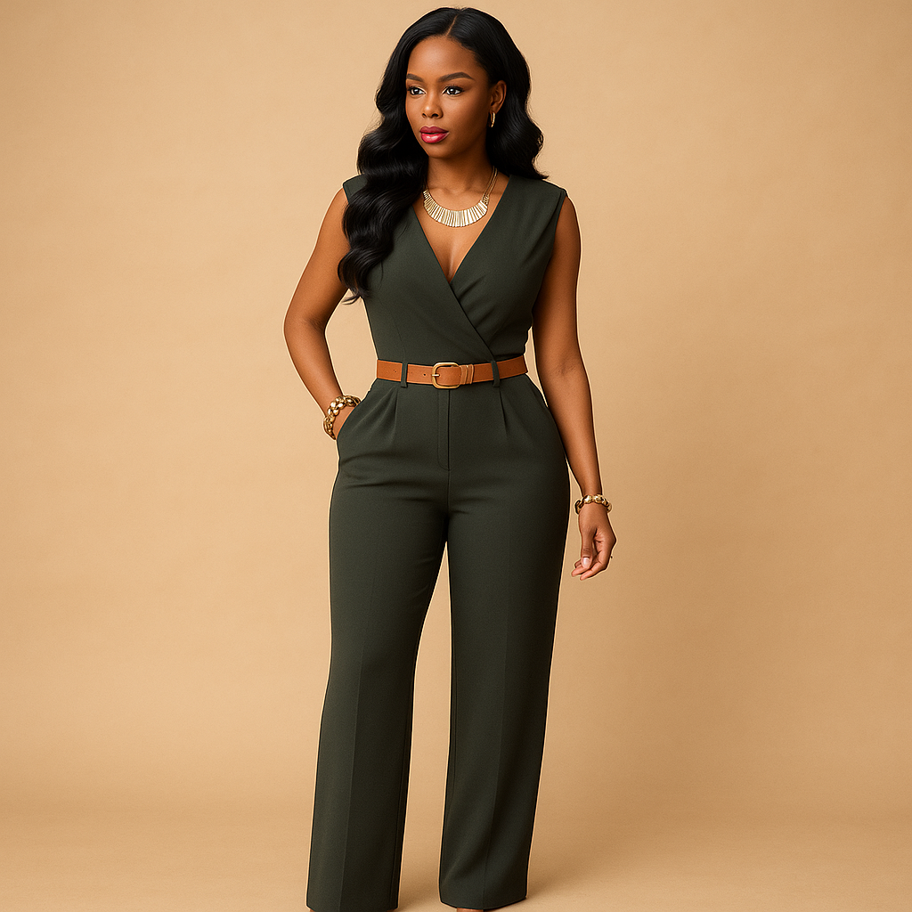 Deep V-neck elegant jumpsuit for women with high waist and flowing fabric, perfect for parties, evenings out, and special occasions.