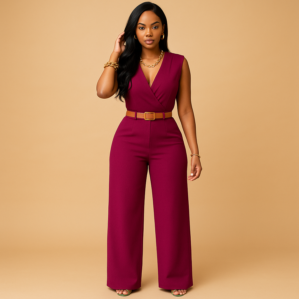 Deep V-neck elegant jumpsuit for women with high waist and flowing fabric, perfect for parties, evenings out, and special occasions.