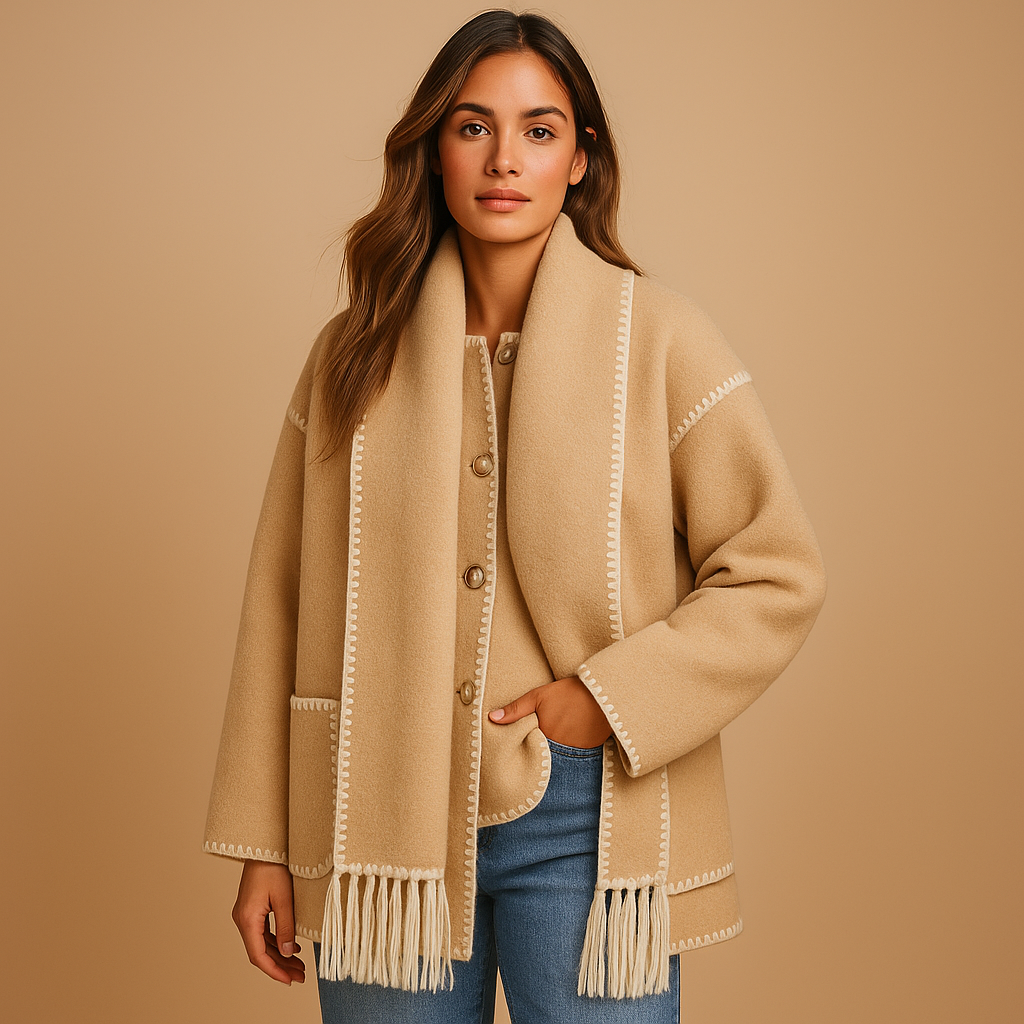 Women’s elegant winter coat with a tailored fit, matching belt, and removable scarf, suitable for cold days, daily wear, and special occasions.