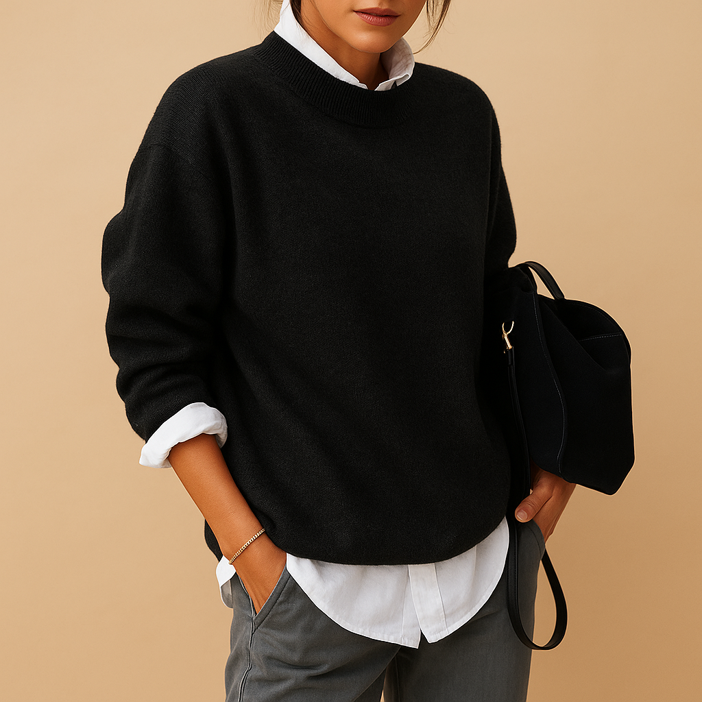 Elegant wool blend sweater for women with refined knit and flattering fit, available in Black, Beige, and Taupe, perfect for casual and semi-formal outfits.