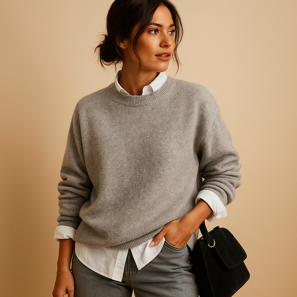 Elegant wool blend sweater for women with refined knit and flattering fit, available in Black, Beige, and Taupe, perfect for casual and semi-formal outfits.