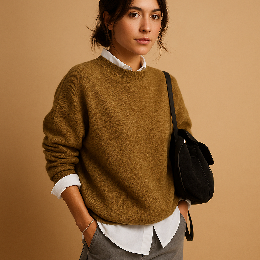 Elegant wool blend sweater for women with refined knit and flattering fit, available in Black, Beige, and Taupe, perfect for casual and semi-formal outfits.