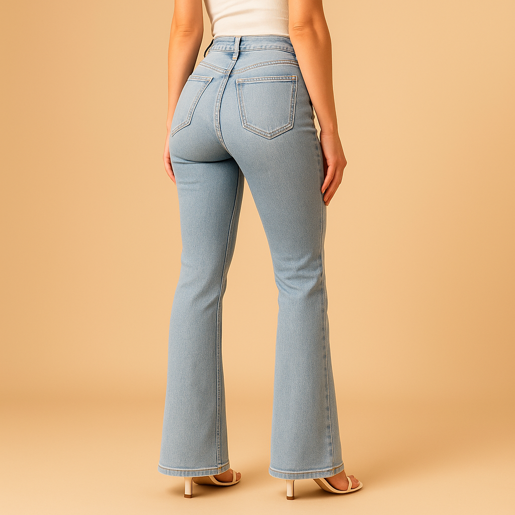 Women’s flared high waist jeans Sophia in classic denim blue with flattering high-rise fit and retro-inspired flared legs.