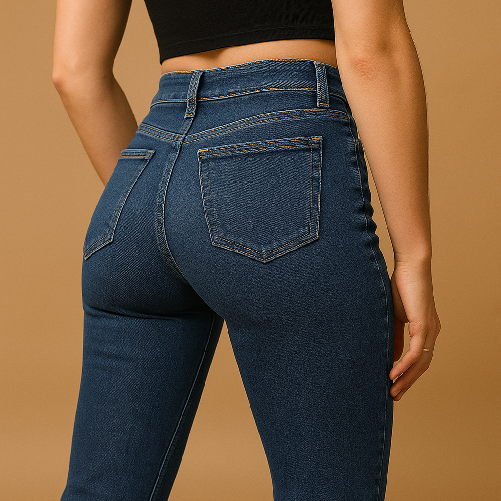 Women’s flared high waist jeans Sophia in classic denim blue with flattering high-rise fit and retro-inspired flared legs.