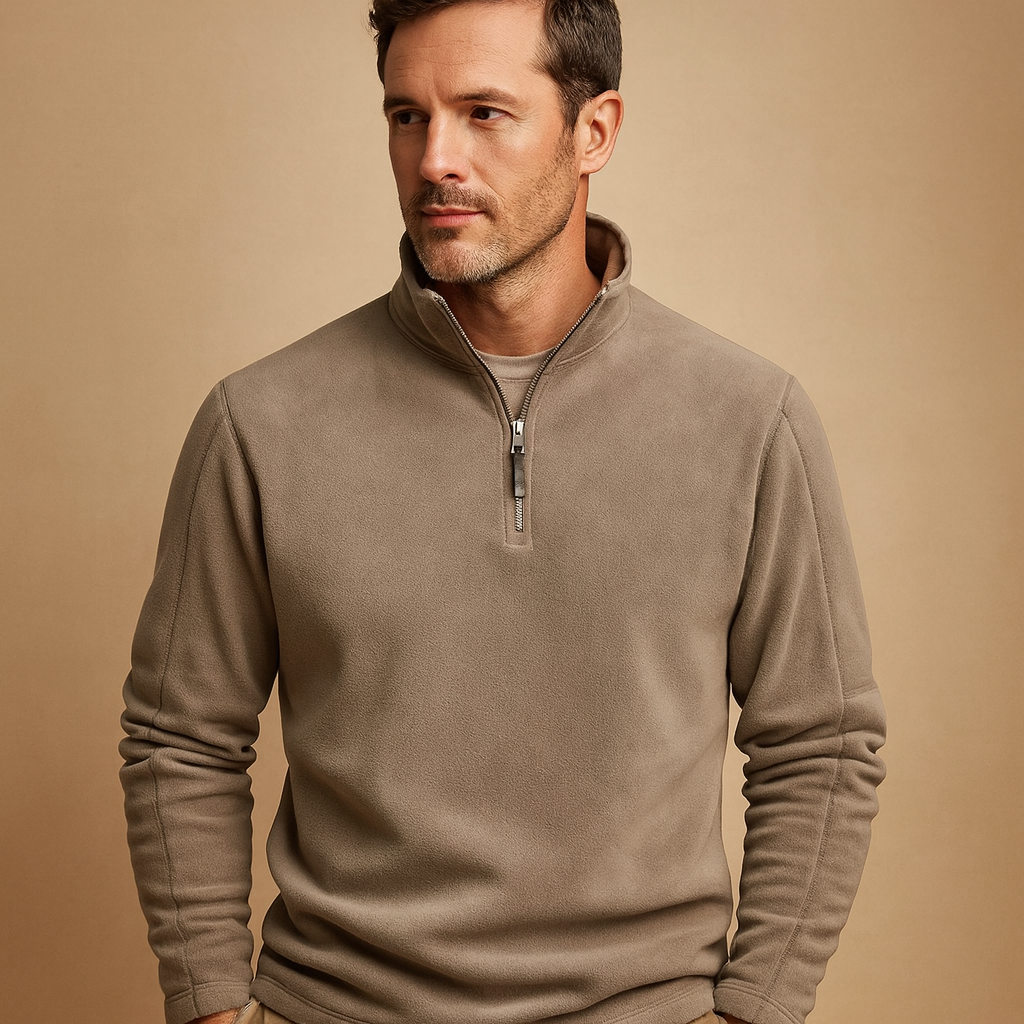Fleece half-zip pullover for men in dark gray, beige, and brown, featuring a soft fabric and comfortable fit perfect for autumn and winter.