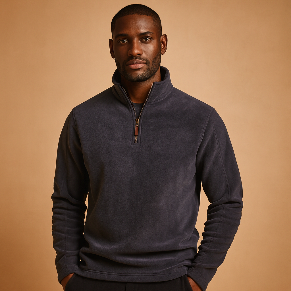 Fleece half-zip pullover for men in dark gray, beige, and brown, featuring a soft fabric and comfortable fit perfect for autumn and winter.