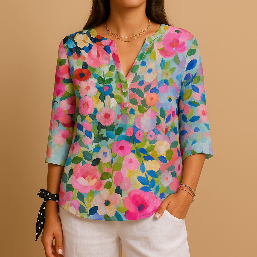 Women’s floral blouse with a classic collar and button-up front, designed with a loose fit for everyday wear, leisure, and elegant occasions.