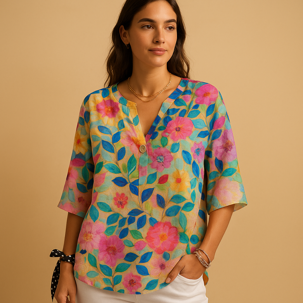 Women’s floral blouse with a classic collar and button-up front, designed with a loose fit for everyday wear, leisure, and elegant occasions.