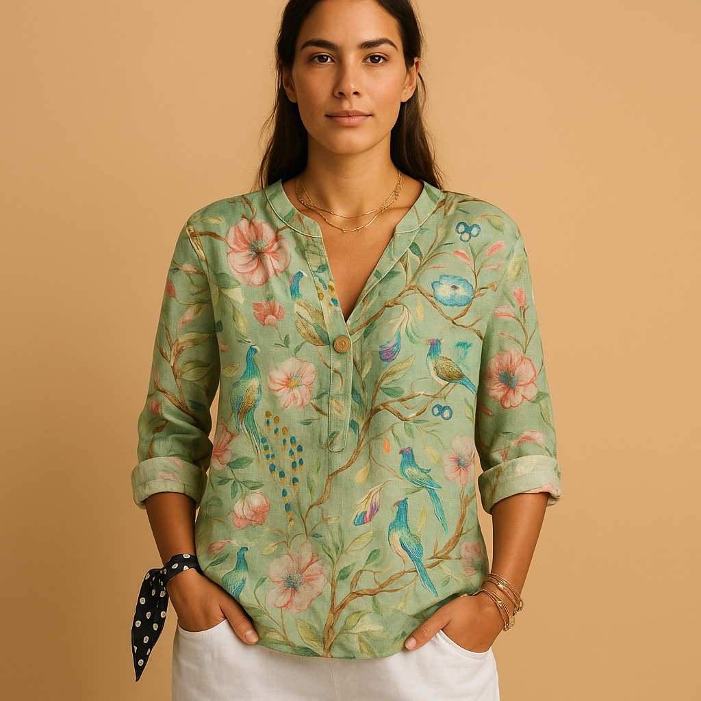 Women’s floral blouse with a classic collar and button-up front, designed with a loose fit for everyday wear, leisure, and elegant occasions.