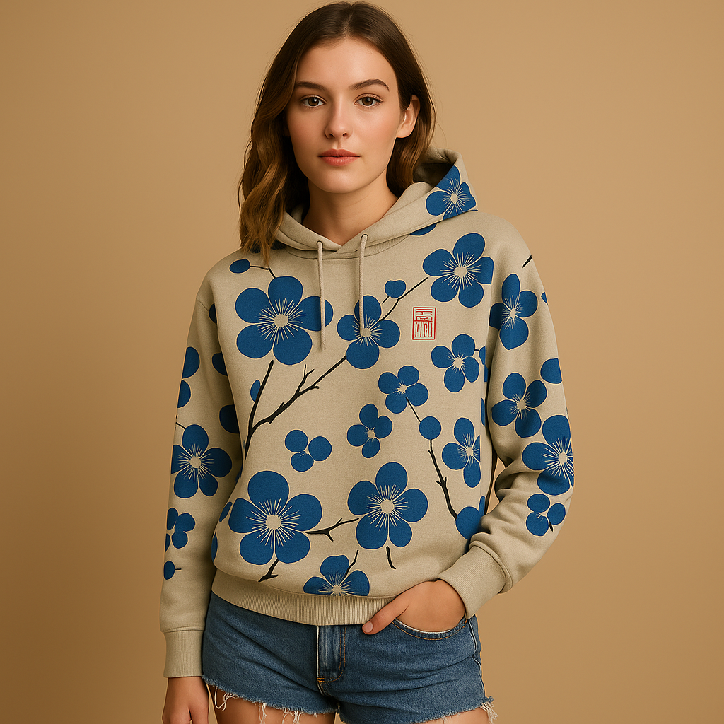 Women’s floral hoodie sweater with drawstring hood and long sleeves in black, blue, and red. Perfect for casual outfits and cozy weekends.