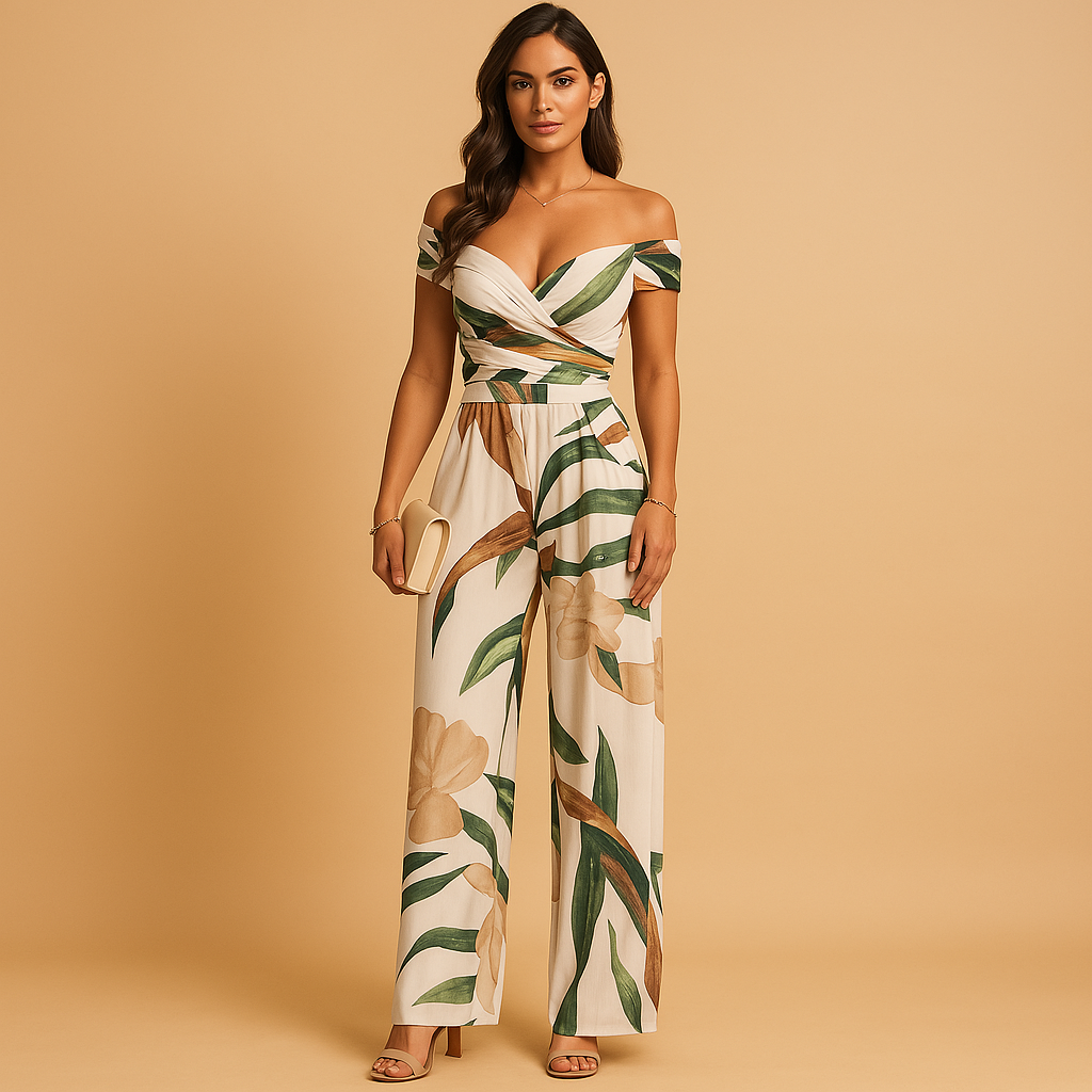 Floral off-shoulder jumpsuit for women with tailored waist and soft fabric, perfect for weddings, parties, and summer occasions.