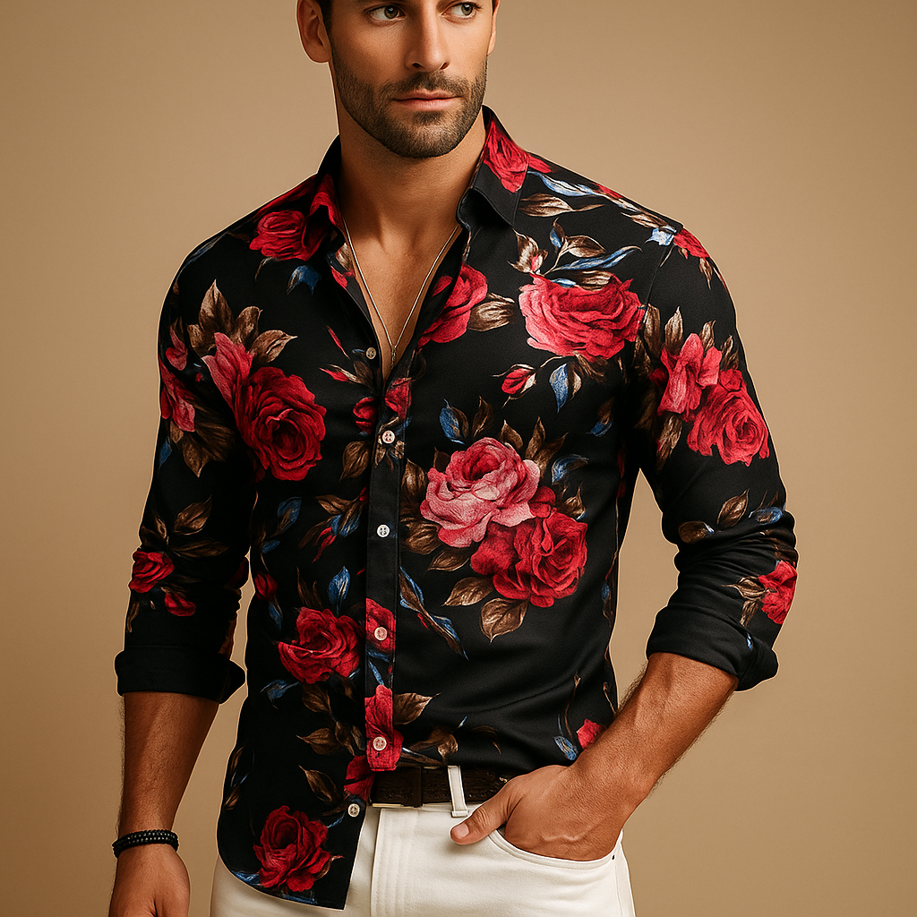 Men’s floral print shirt with modern fit and bold flower design, perfect for casual, festive, or work occasions.