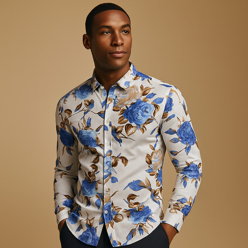 Men’s floral print shirt with modern fit and bold flower design, perfect for casual, festive, or work occasions.