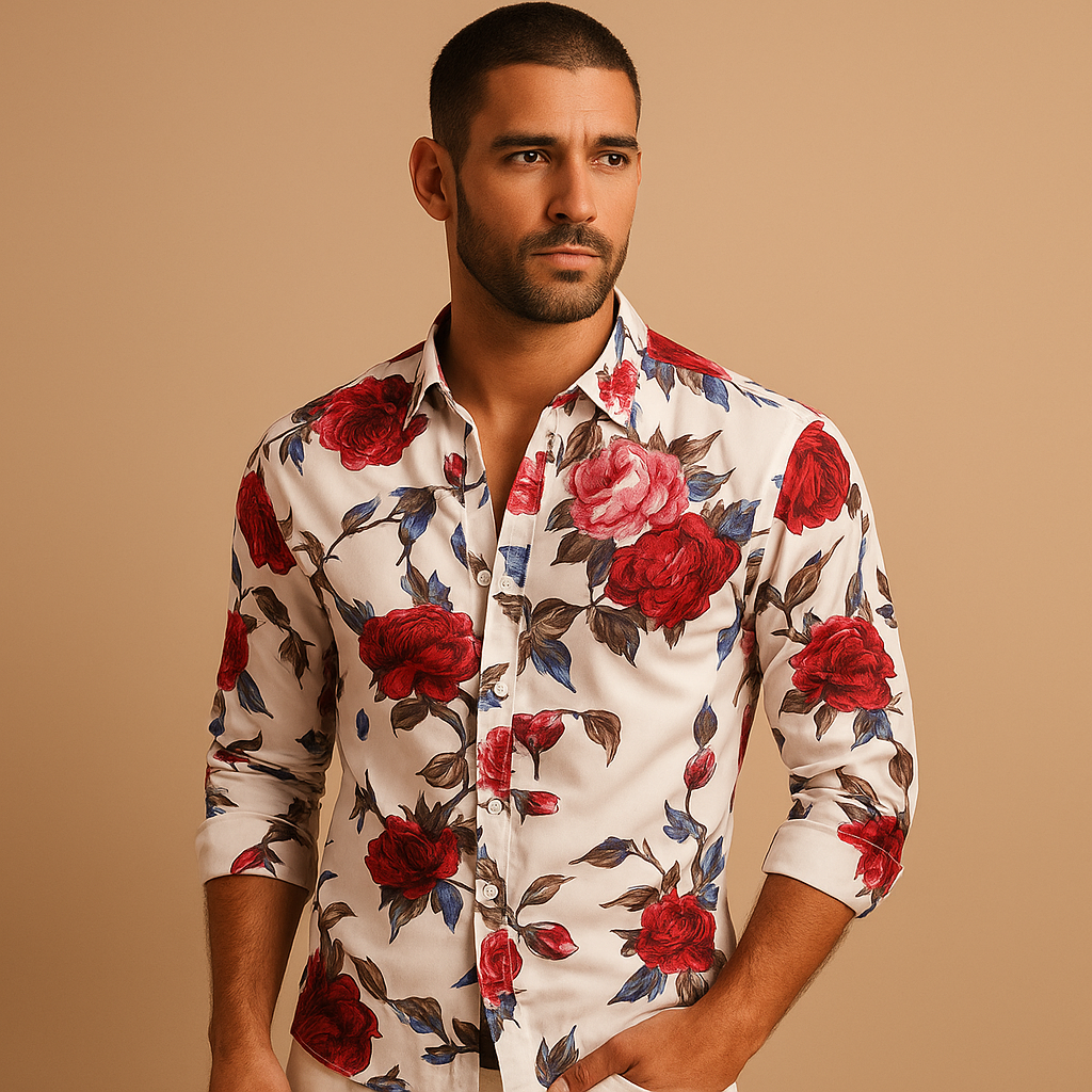 Men’s floral print shirt with modern fit and bold flower design, perfect for casual, festive, or work occasions.