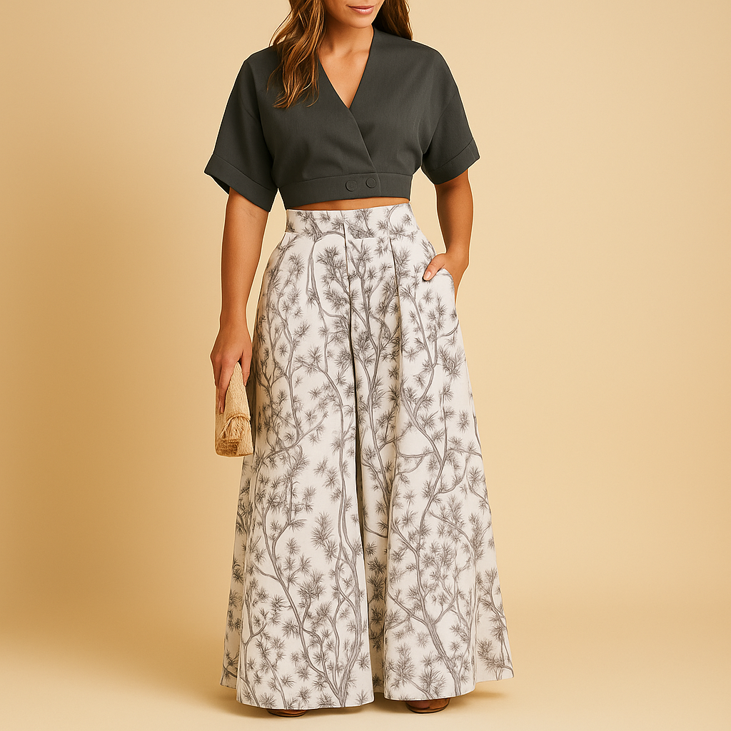 Women’s floral print two-piece set with a light top and wide-leg pants, perfect for summer days, vacations, and casual outings.
