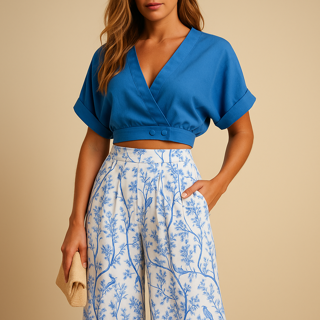 Women’s floral print two-piece set with a light top and wide-leg pants, perfect for summer days, vacations, and casual outings.