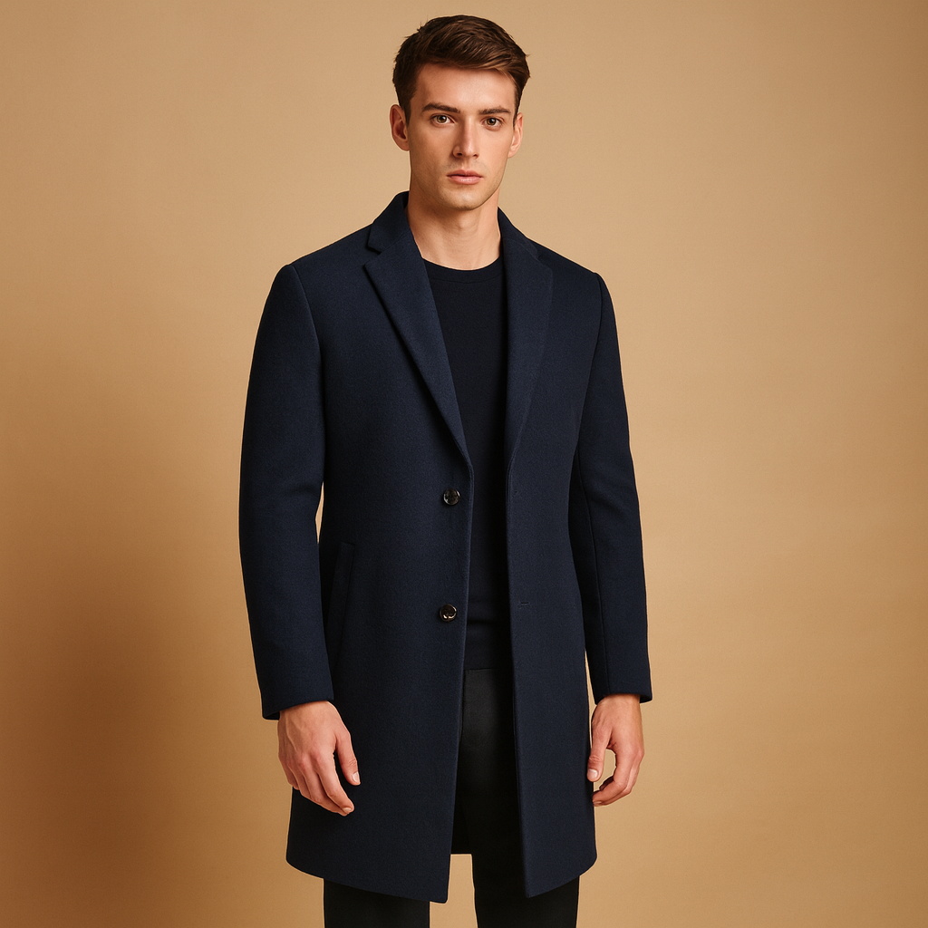 Men’s formal long winter coat with a classic cut, designed for warmth, wind protection, and elegant business or everyday wear.