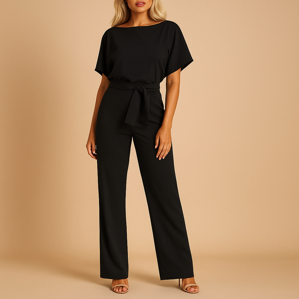 Glitter halter jumpsuit with open back for women, featuring flared legs and soft lining, perfect for parties, galas, and elegant evenings.