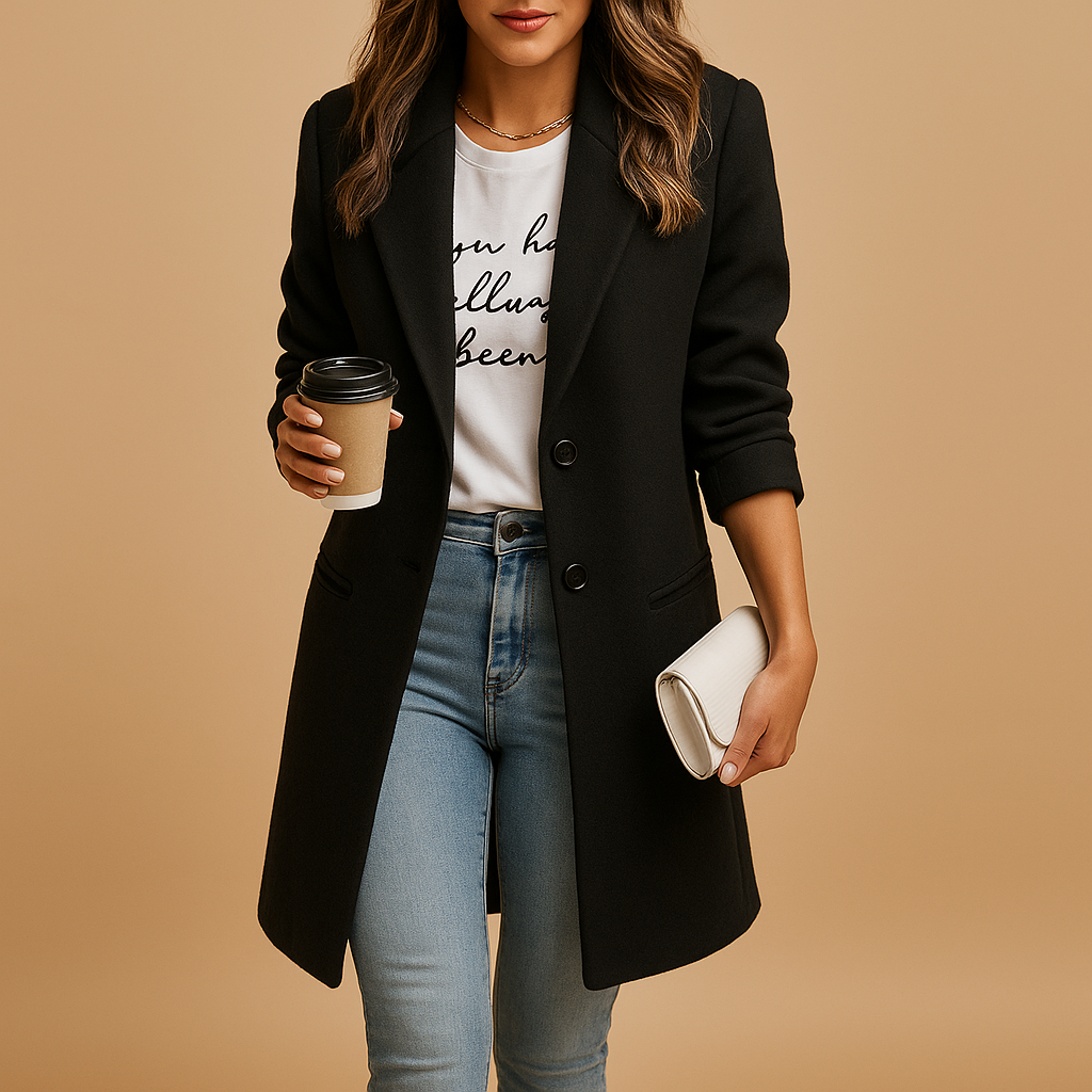 Women’s half-length winter coat with tailored fit and refined details, available in black, camel, and navy. Perfect for stylish winter looks.
