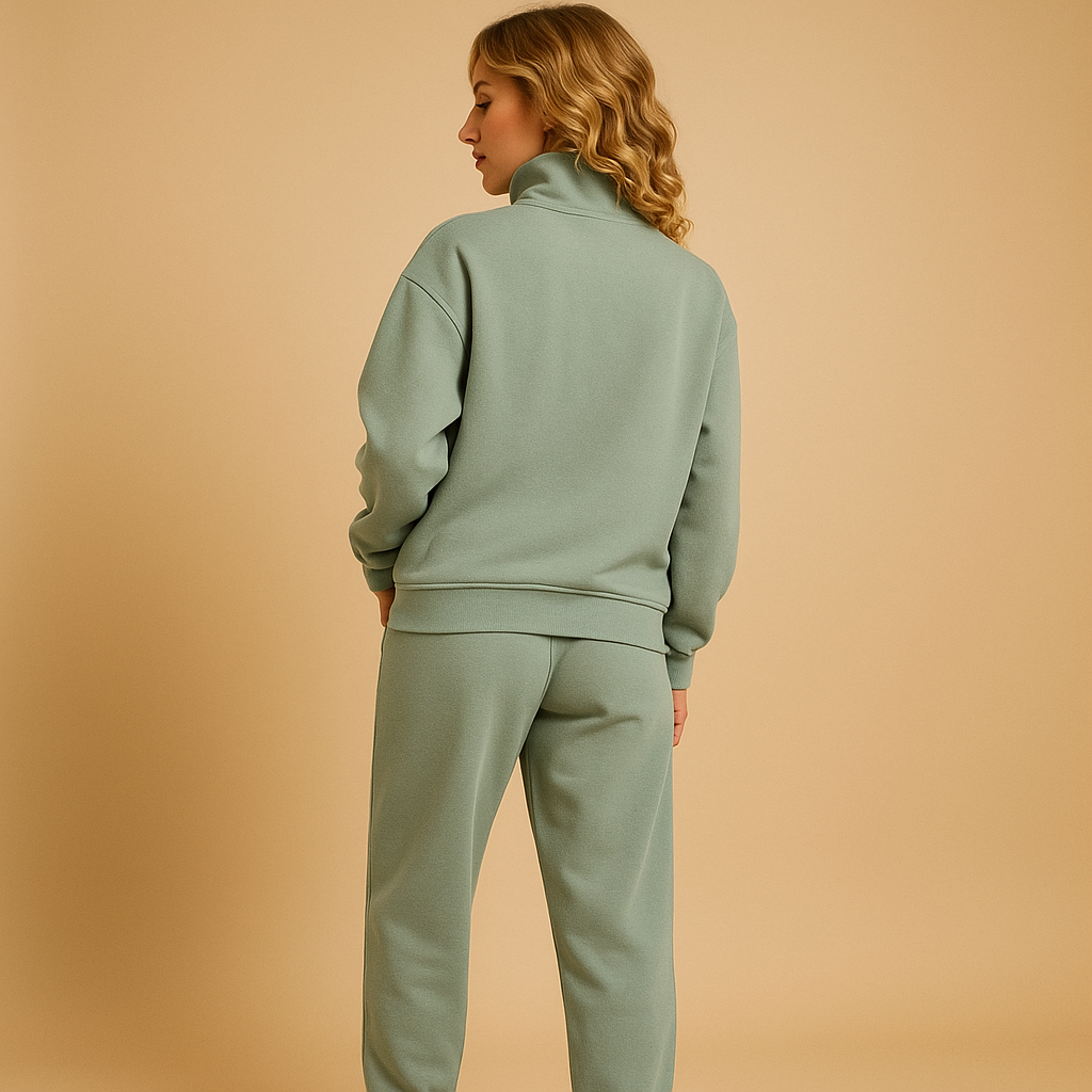 Women’s two-piece half-zip jogging set with sweatshirt and joggers, perfect for lounging, casual days, or sporty streetwear looks.