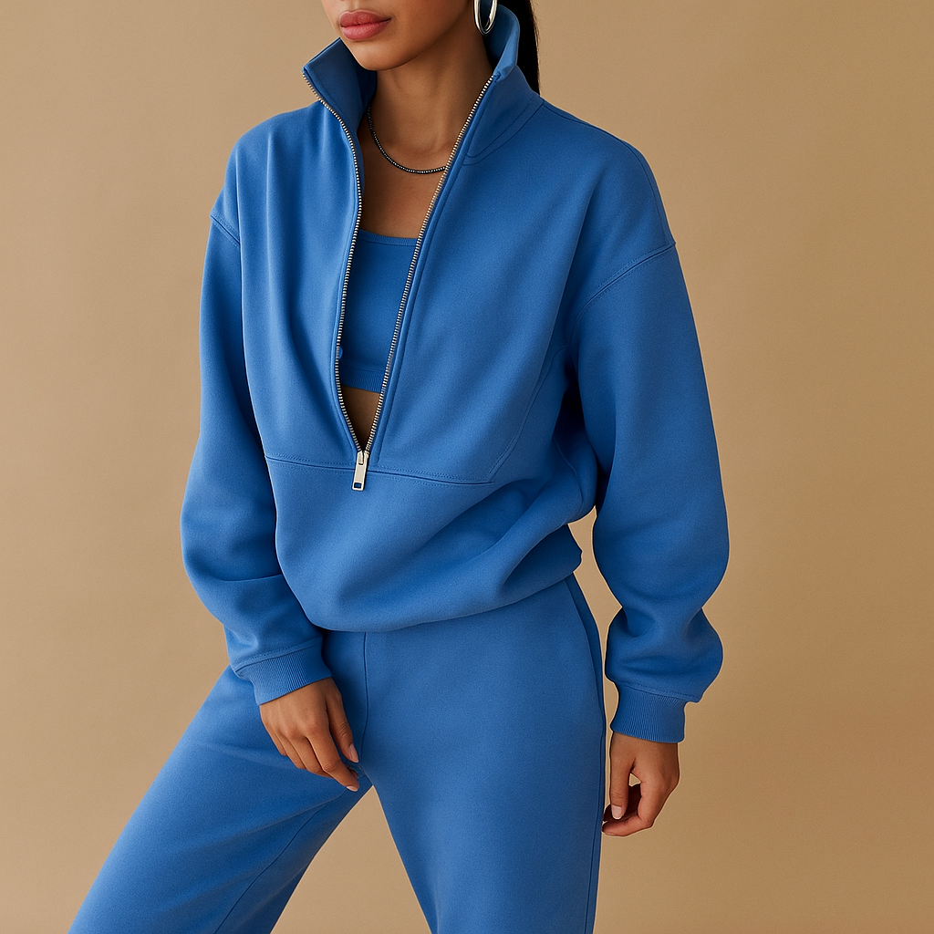 Women’s two-piece half-zip jogging set with sweatshirt and joggers, perfect for lounging, casual days, or sporty streetwear looks.