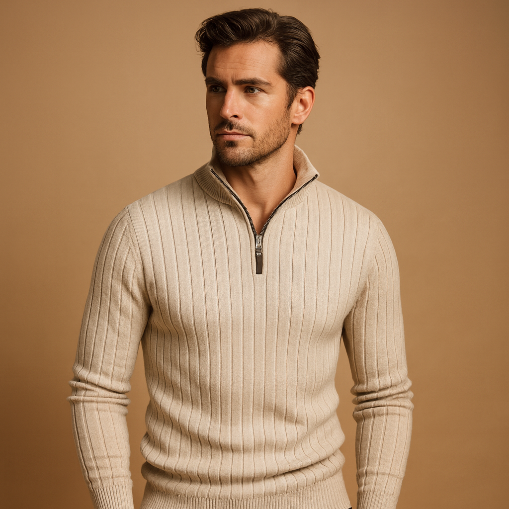 Modern half-zip sweater for men with ribbed sleeves and warm, soft fabric, perfect for autumn and winter smart-casual outfits.
