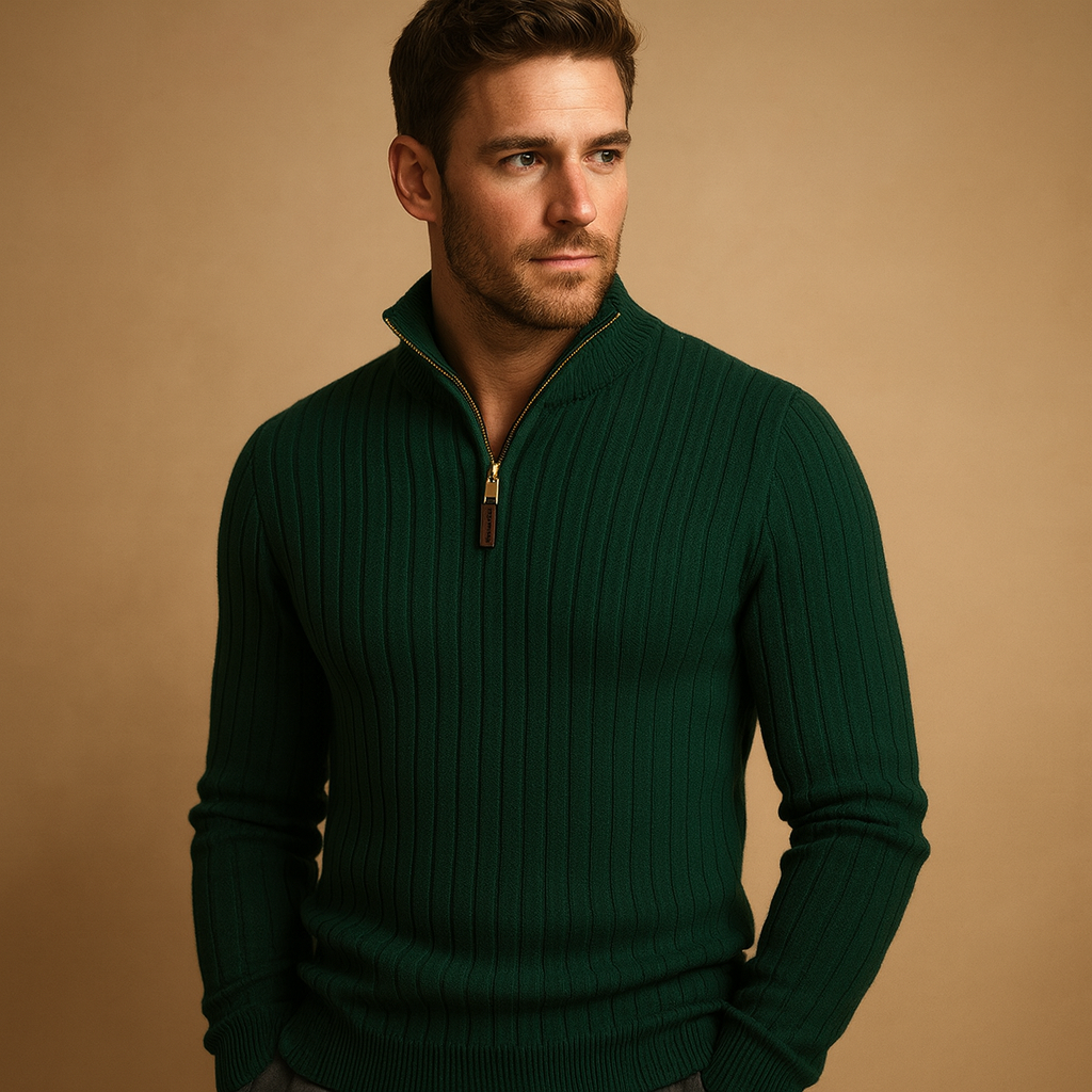 Modern half-zip sweater for men with ribbed sleeves and warm, soft fabric, perfect for autumn and winter smart-casual outfits.