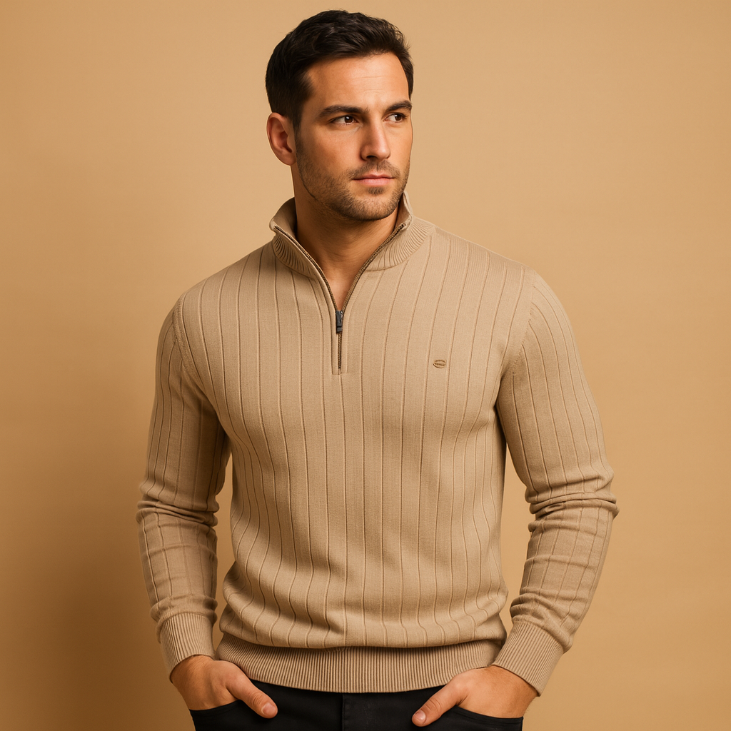 Men’s half zip sweater with high collar and slim fit, made from soft warm knit fabric, perfect for autumn and winter casual or smart looks.