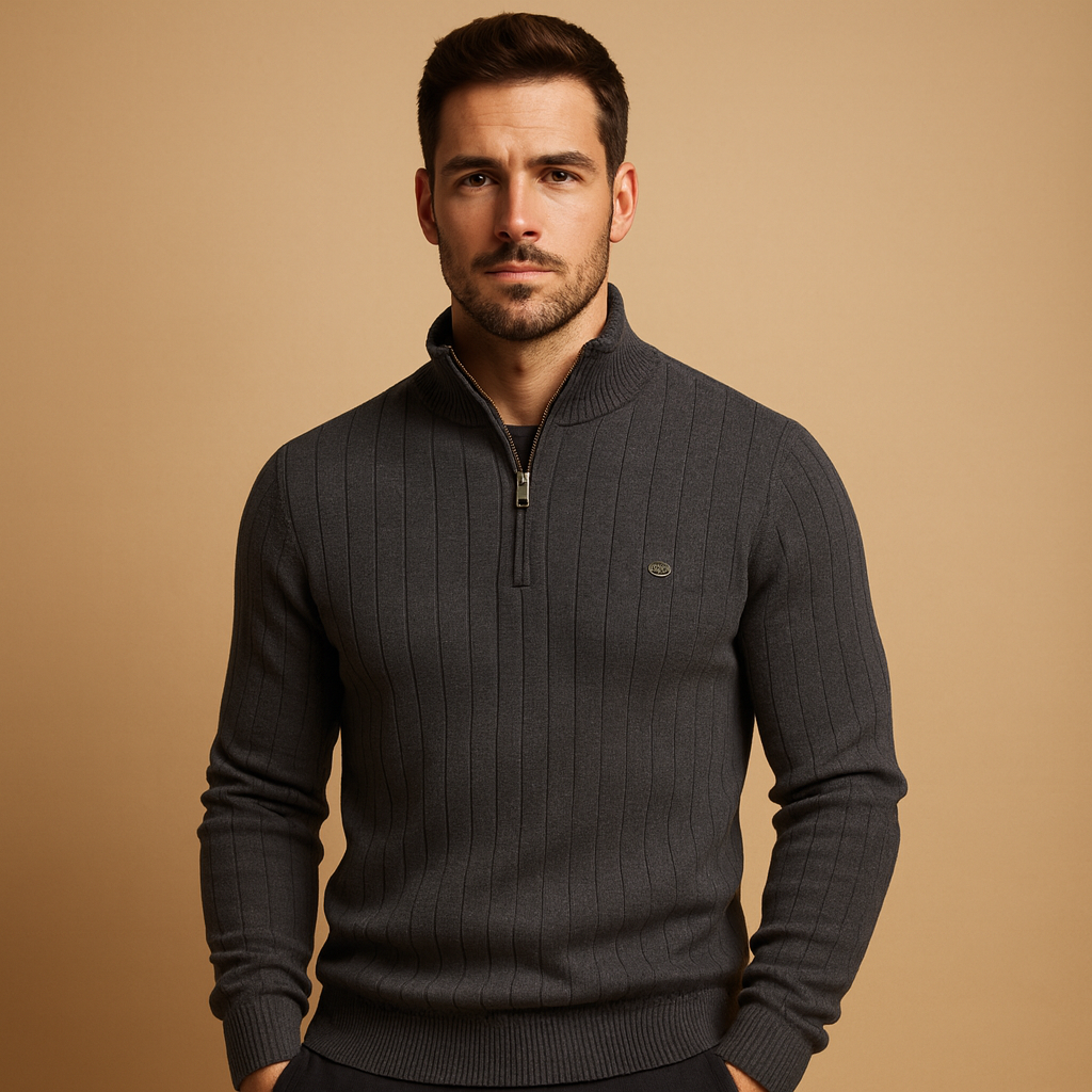 Men’s half zip sweater with high collar and slim fit, made from soft warm knit fabric, perfect for autumn and winter casual or smart looks.